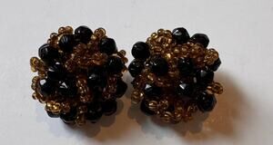Vtg Stamped Alice Caviness Clip-On Earrings Beaded Cluster Black/Amber
